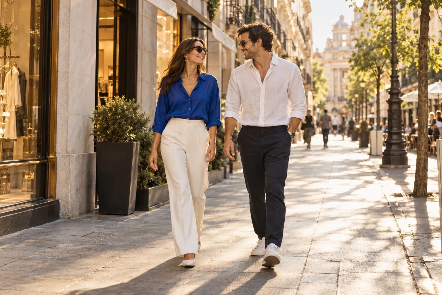 Dos personas pasean por una calle comercial de Madrid sin llevar bolsas